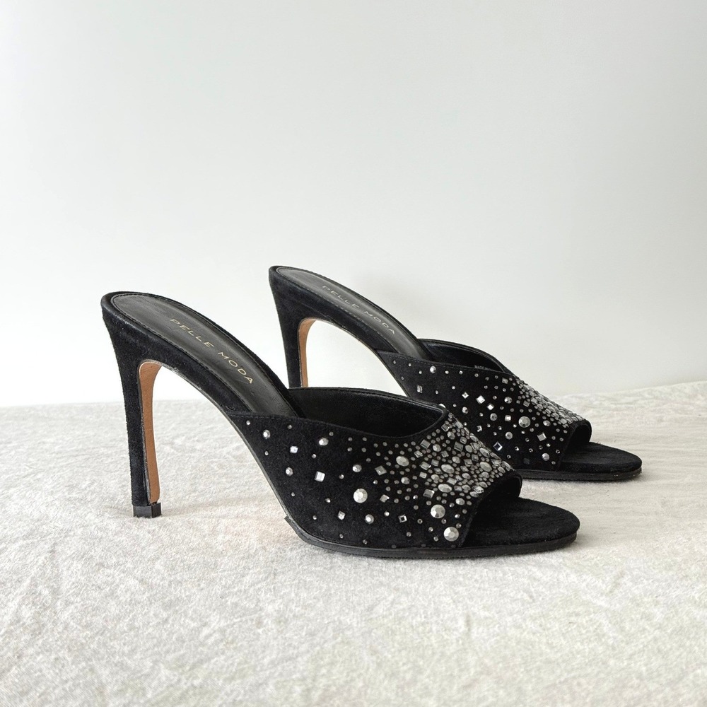 Pelle Moda Slide Sandals 7.5M Black Suede Rhinestone‎ Embellished Stiletto Heels